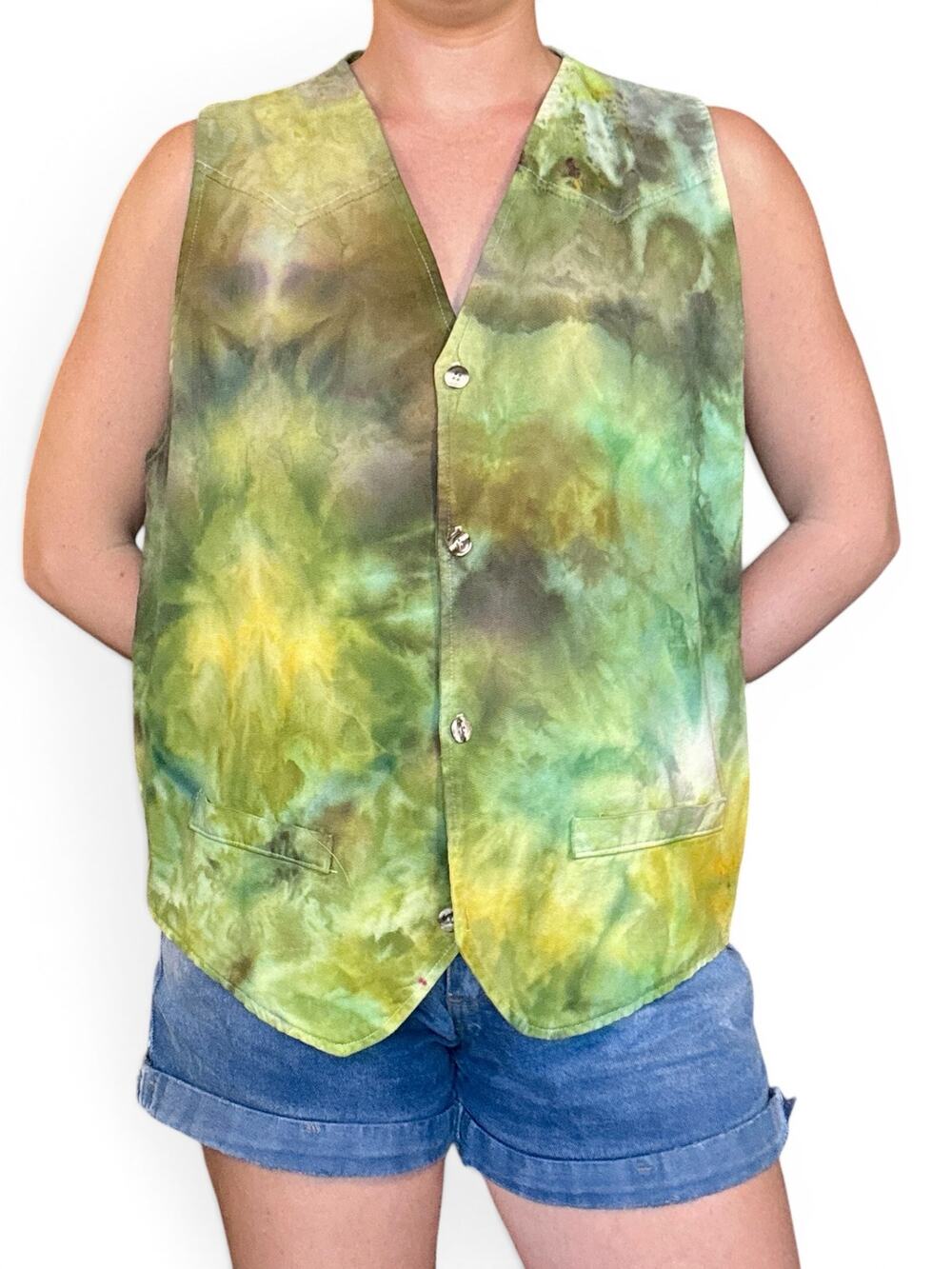 Hand Dyed Green 1980s Denim Vest